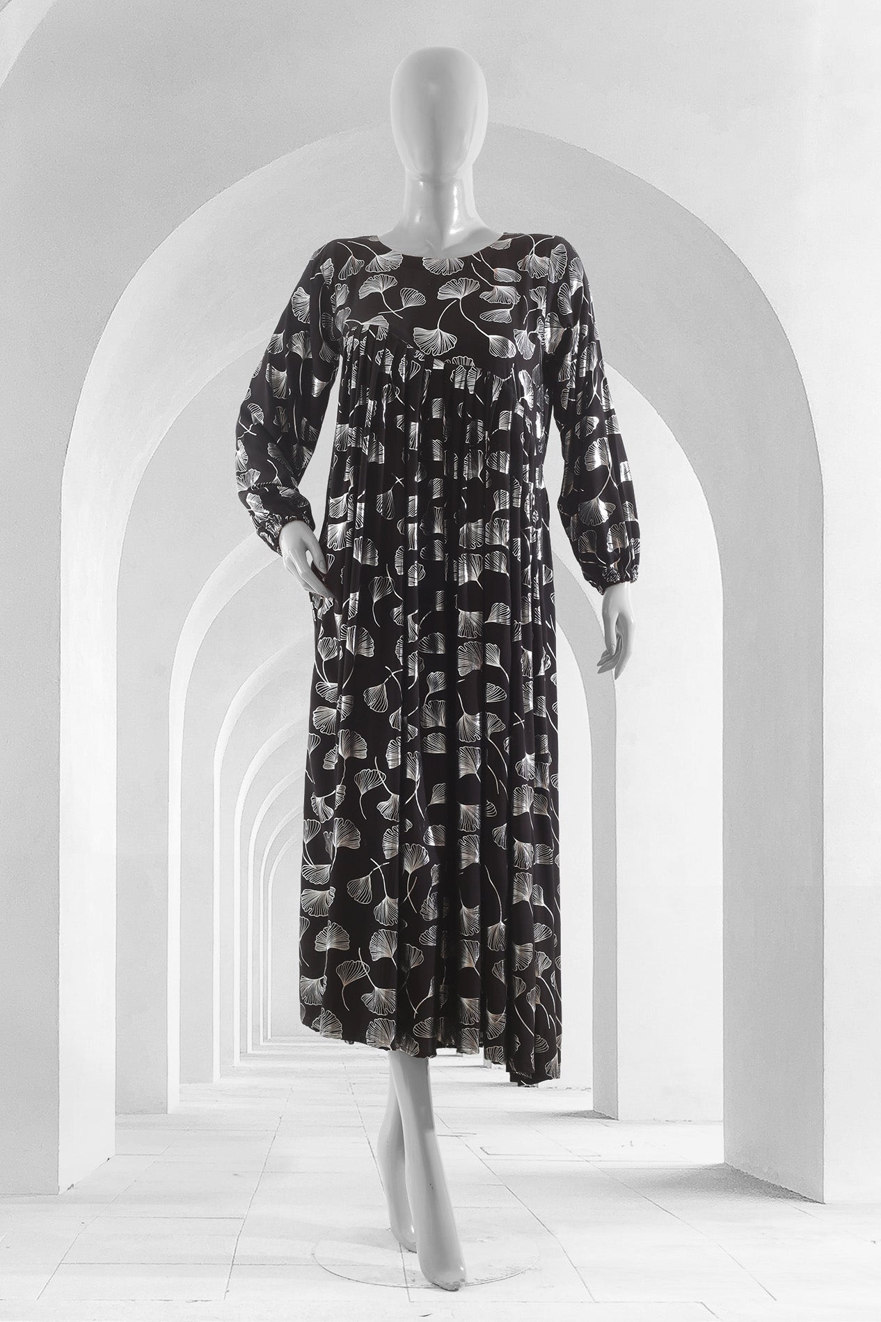 Silver Leaf Elegance Black Linen Maxi Top - Stitched