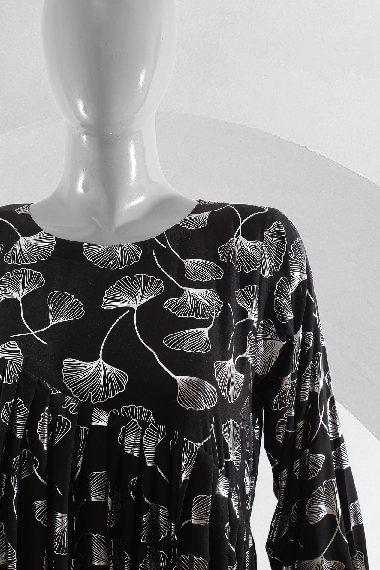Silver Leaf Elegance Black Linen Maxi Top - Stitched