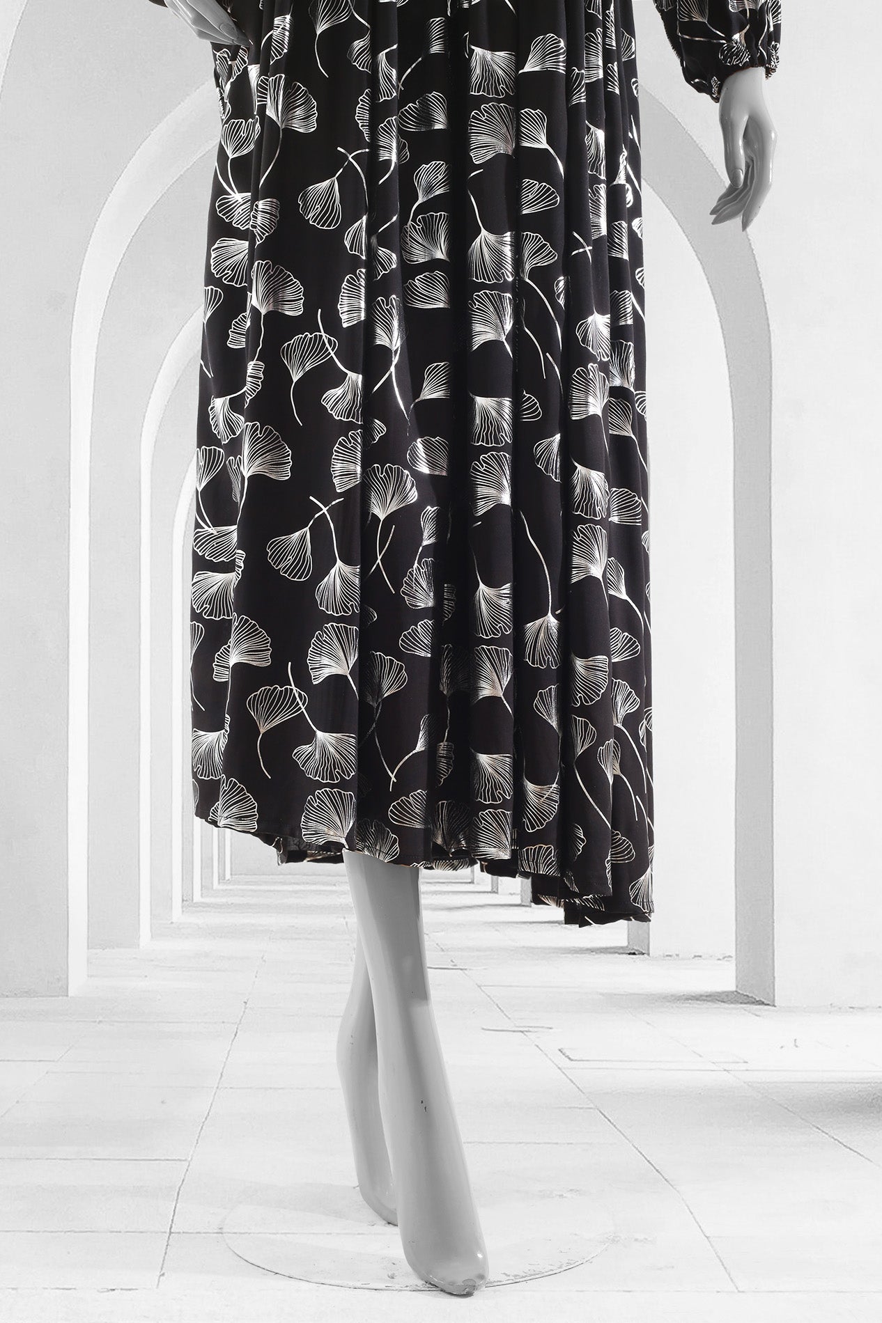 Silver Leaf Elegance Black Linen Maxi Top - Stitched