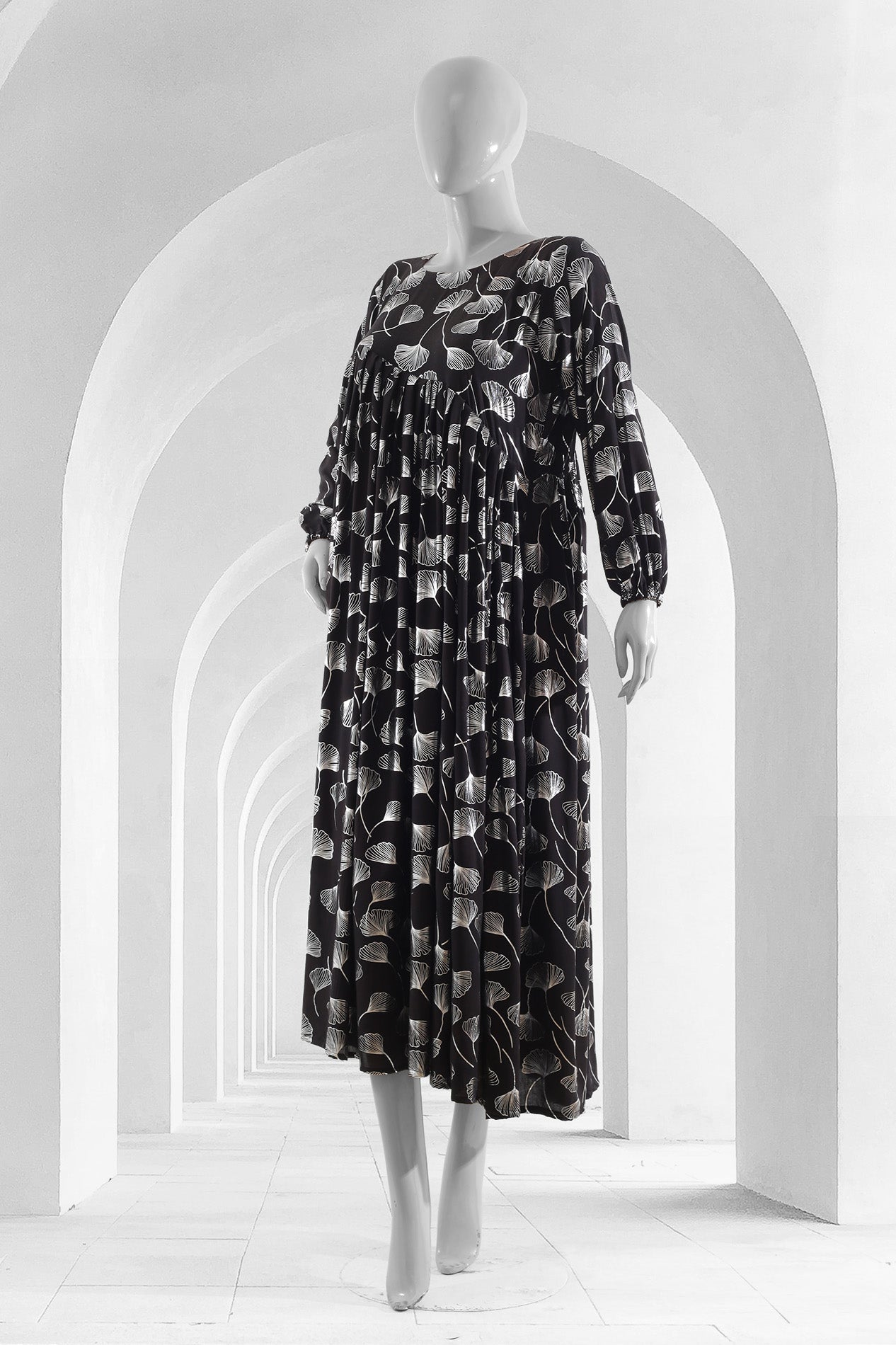 Silver Leaf Elegance Black Linen Maxi Top - Stitched