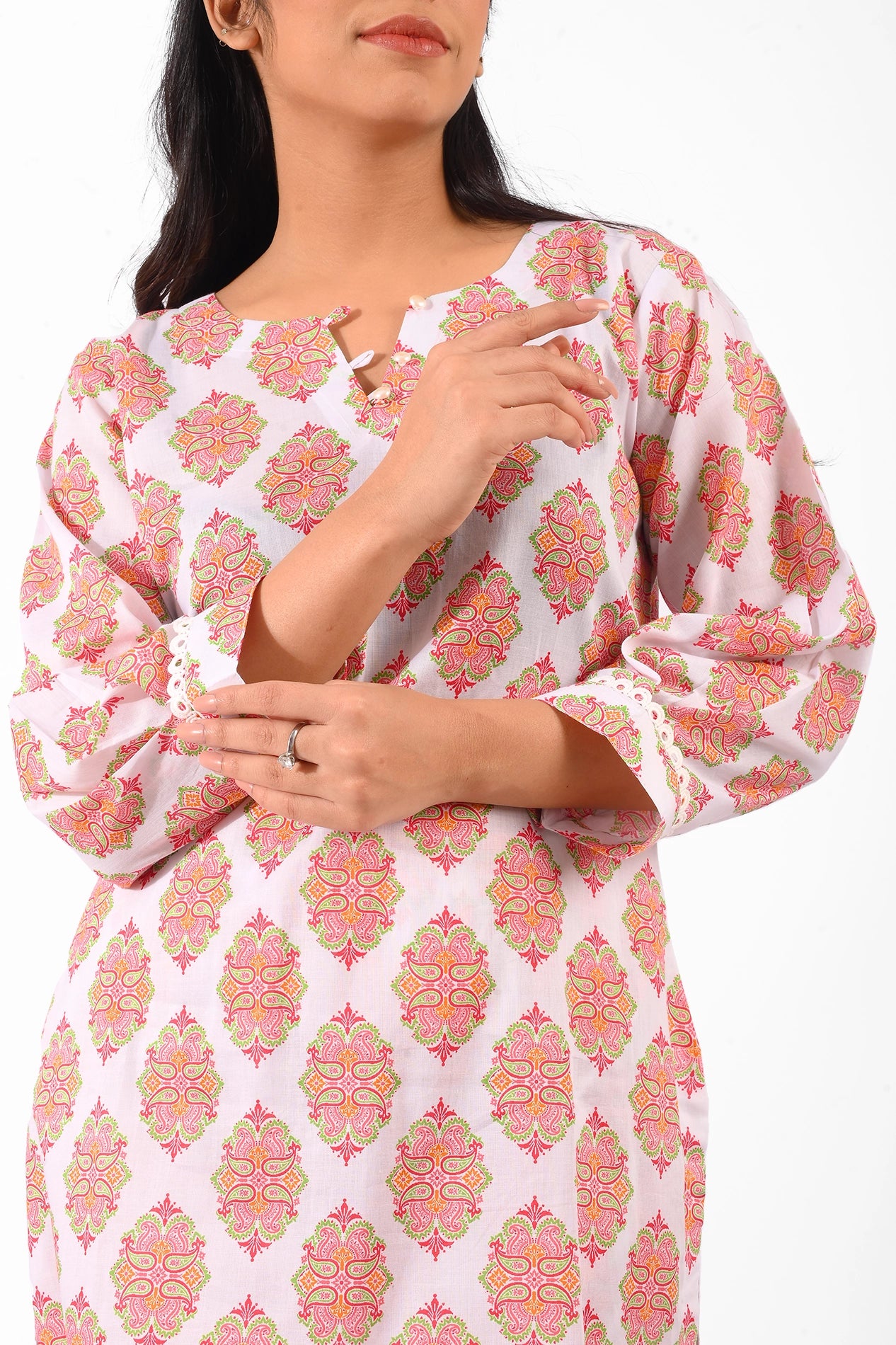 Close-up of the neckline and sleeve detailing of a vibrant orange two-piece lawn dress. Features intricate embroidery on the neckline and sleeve edges for an elegant touch. BOLDSTEP BOLDTSEP.PK