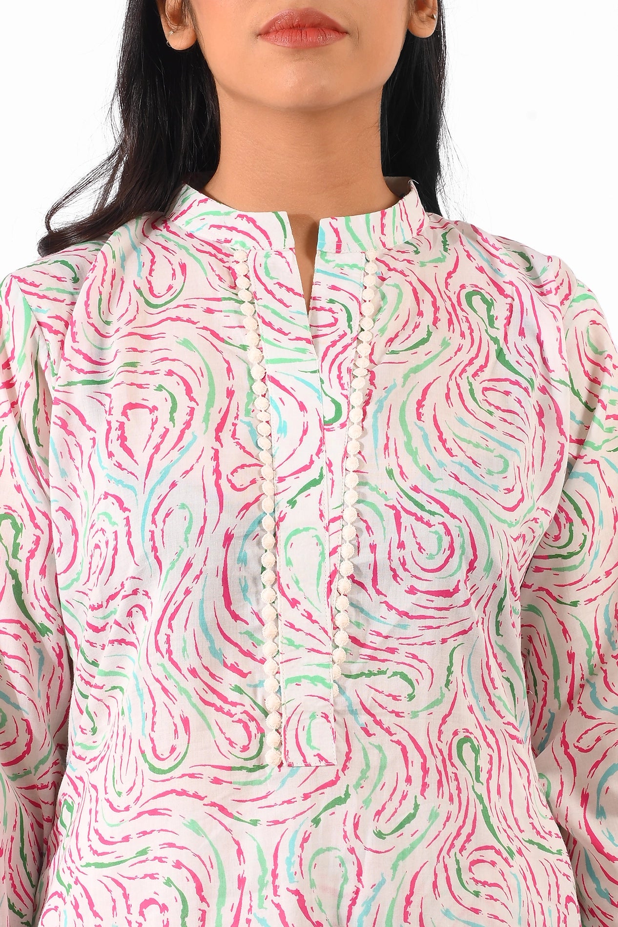 A close-up detail of the front of the pastel swirl-patterned kurta, showcasing intricate embroidery along the neckline and the abstract pink and green swirl fabric pattern BOLDSTEP BOLDSTEP.PK
