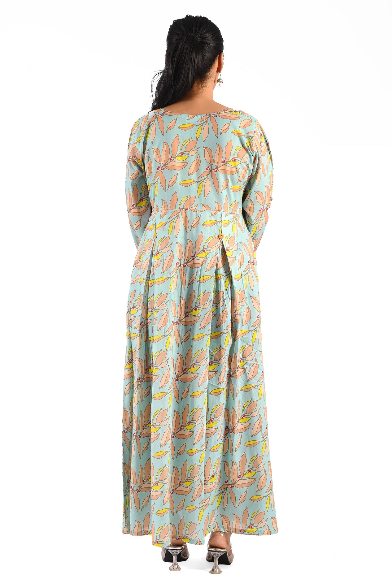 Back view of the dress, showing the clean tailoring and full skirt length, maintaining the theme of soft autumn leaves and berries. BOLDSTEP BOLDSTEP.PK