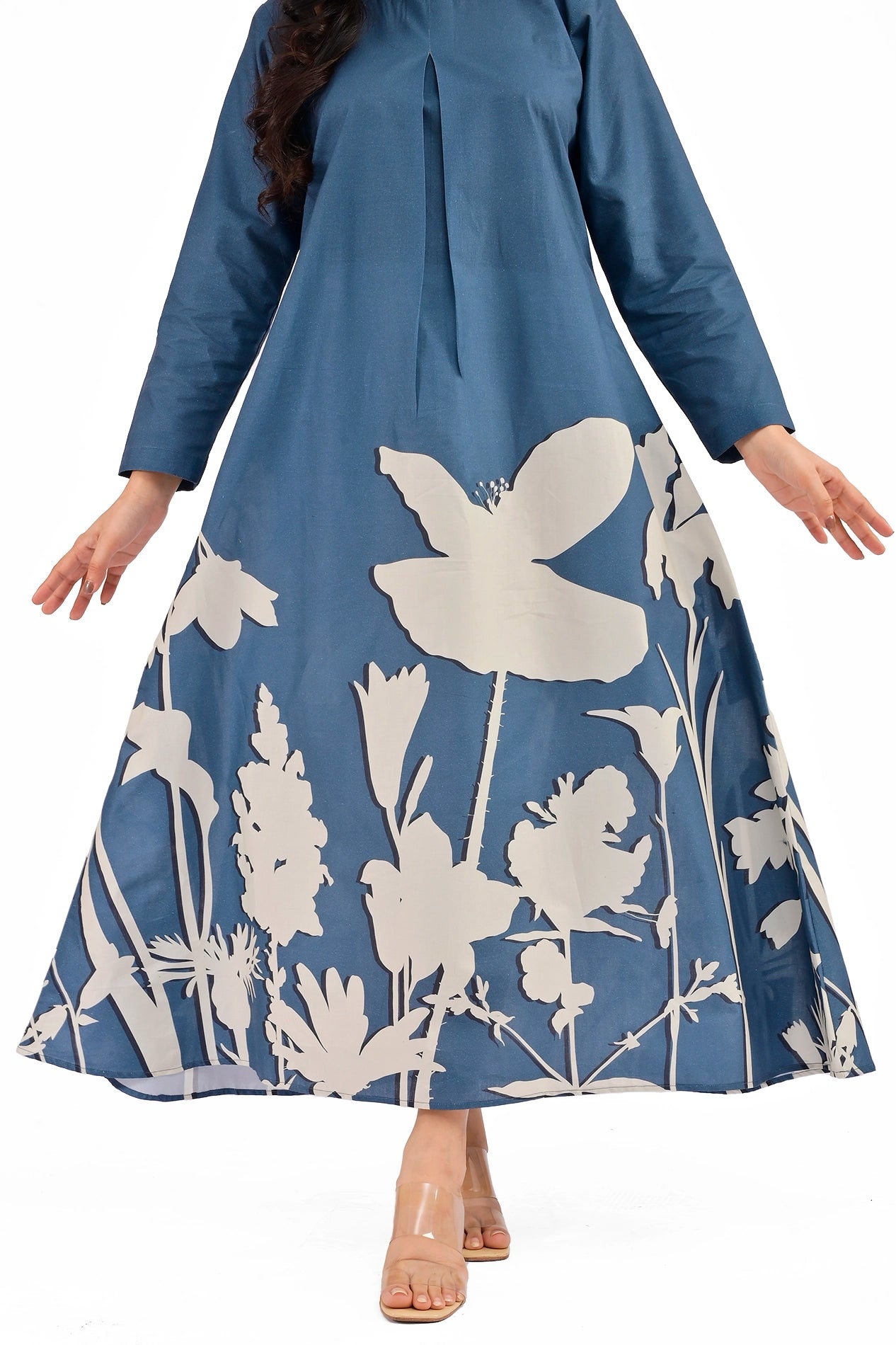 Front close-up of the dress, showcasing the round neckline with vertical pleat detailing, complemented by the white floral design at the hem. BOLDSTEP BOLDSTEP.PK