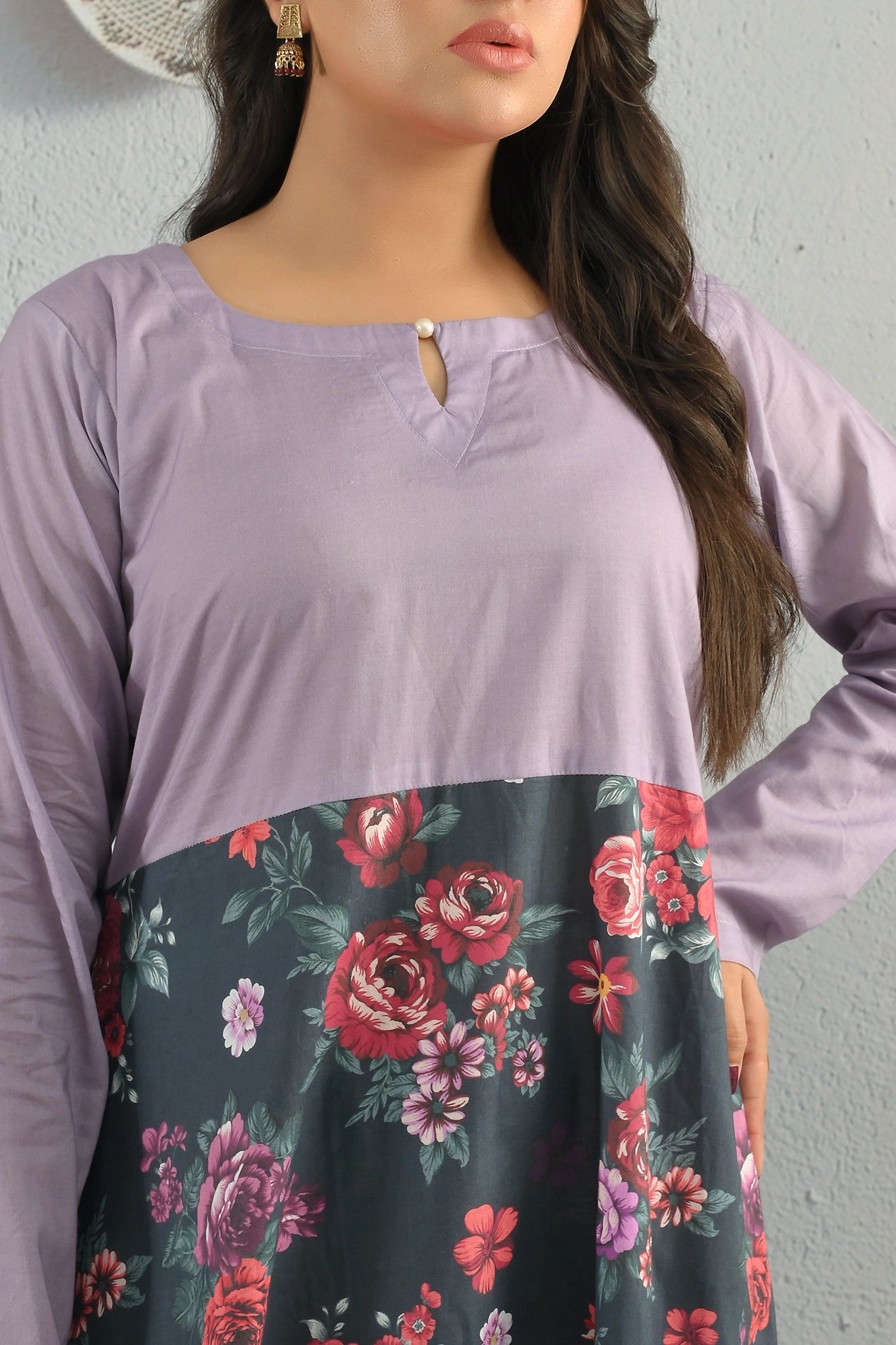 Detailed shot of BOLDSTEP lavender floral maxi dress highlighting red and pink rose print on dark cotton fabric – Stylish BOLD STEP design at BOLDSTEP STORE | BOLDSTEP.PK.