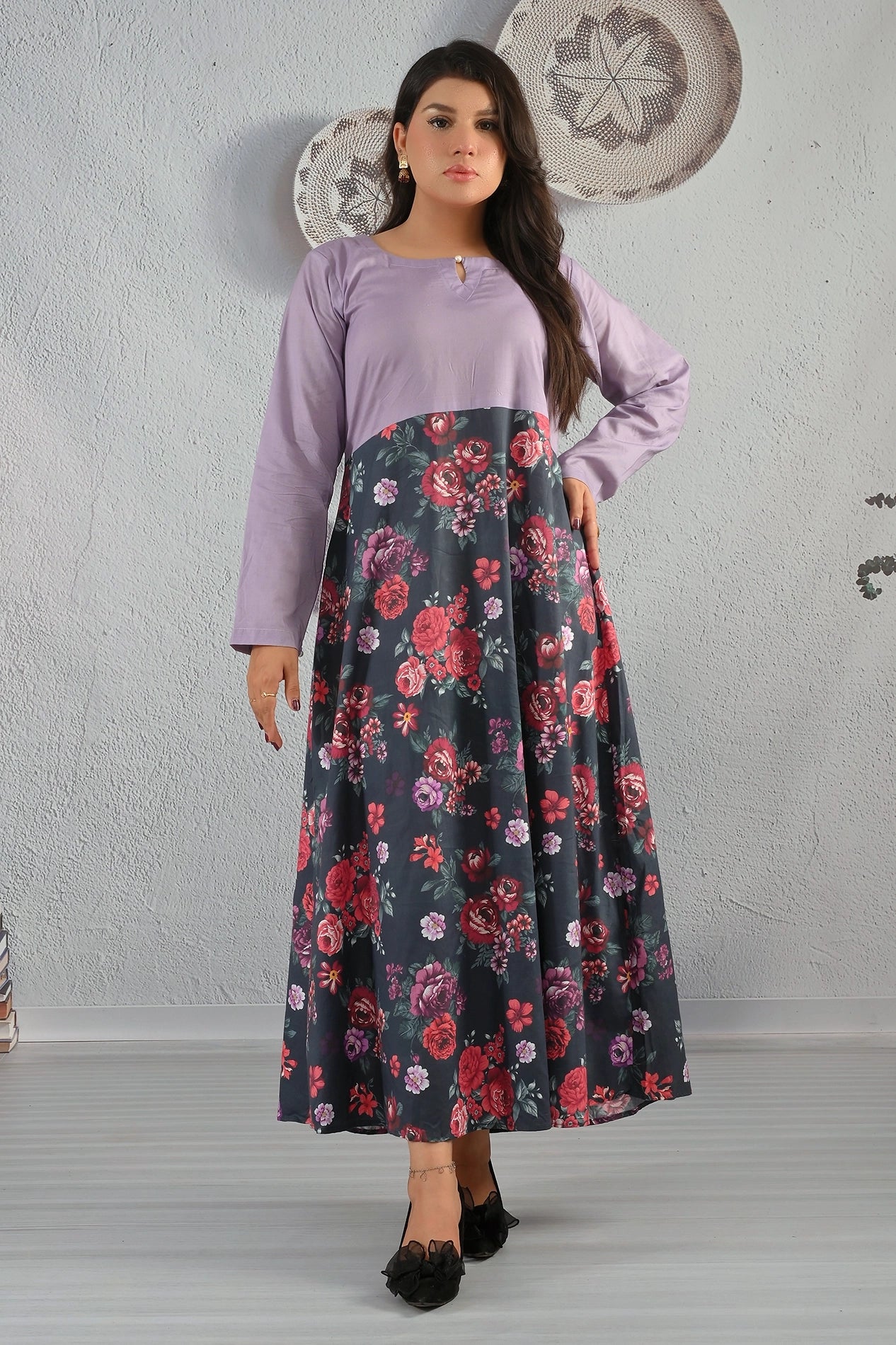 Front look of BOLDSTEP lavender and charcoal floral maxi dress in premium cotton with red rose patterns – Chic and breathable BOLD STEP outfit from BOLDSTEP STORE.