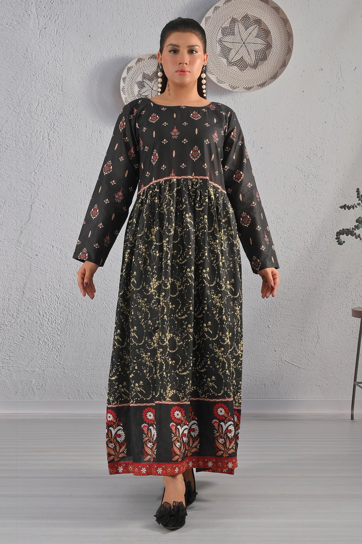 BOLDSTEP Black Ethnic Floral Cotton Maxi Dress – Golden Vine & Red Border  Long Frock – boldstep.pk