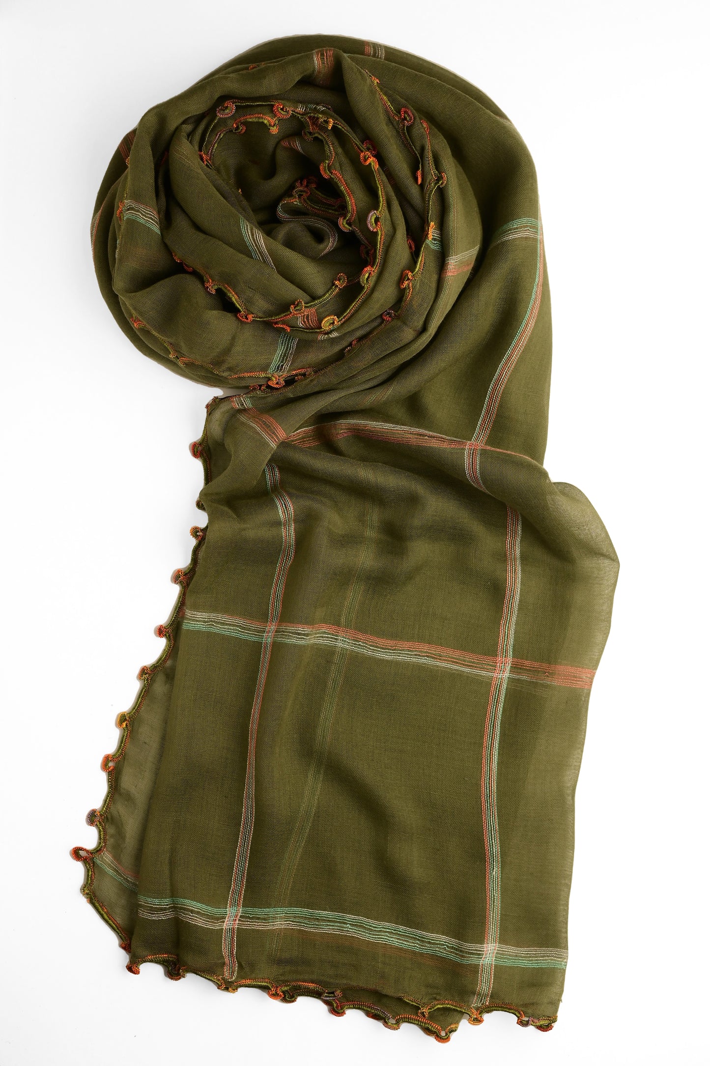 Olive Green Plaid Cotton Scarf with Crochet Edge