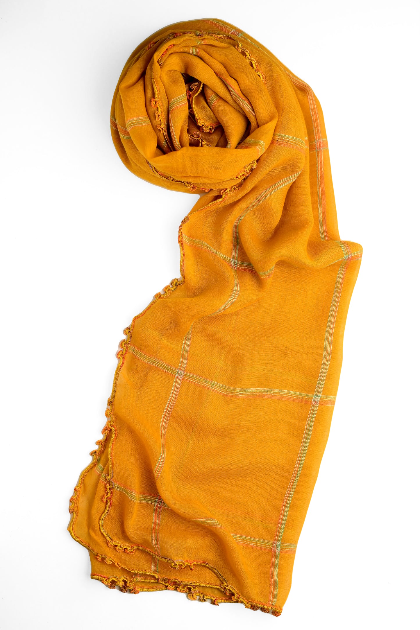 Mustard Plaid Cotton Scarf with Crochet Edge