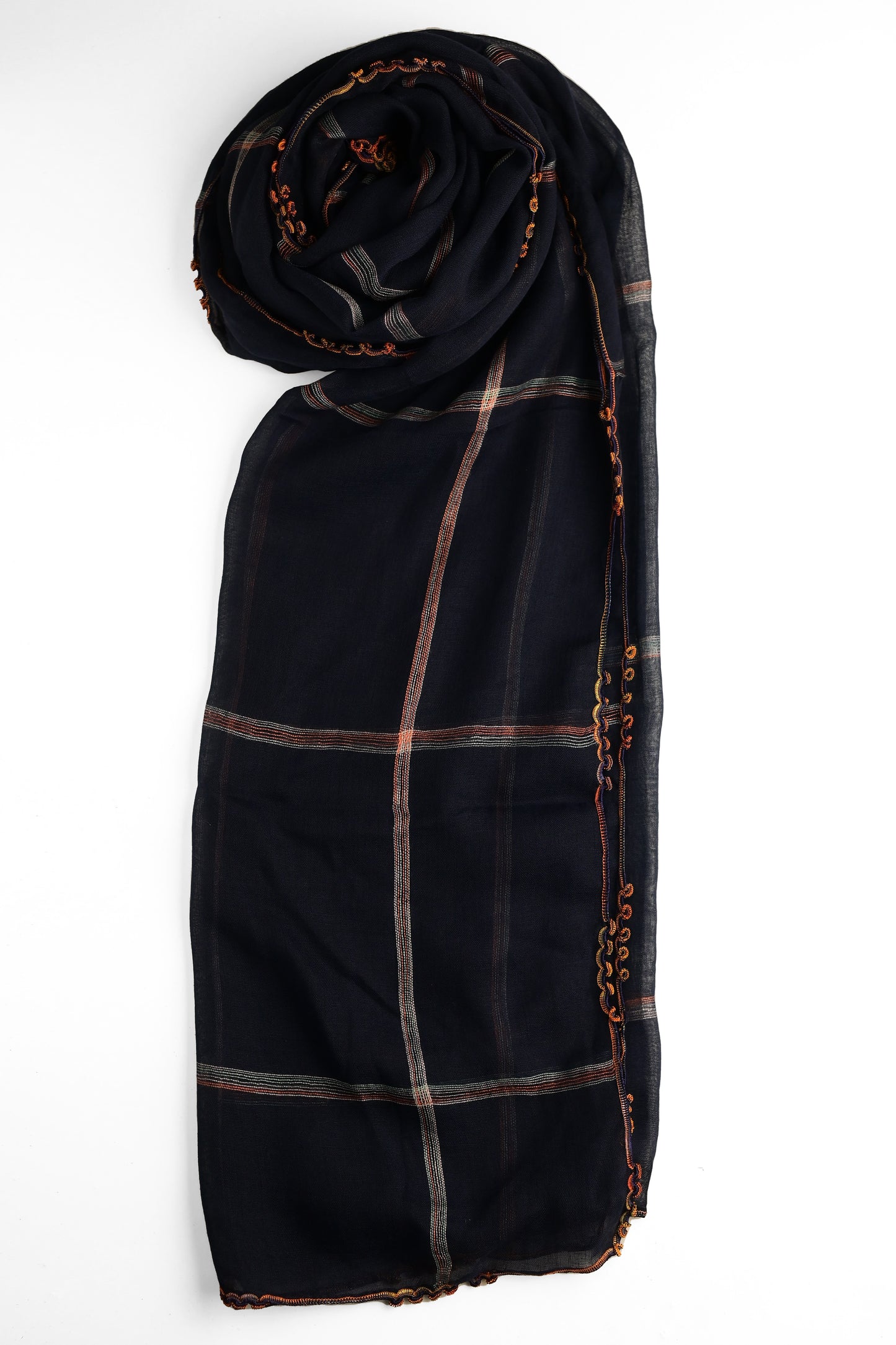 Navy Plaid Cotton Scarf with Crochet Edge