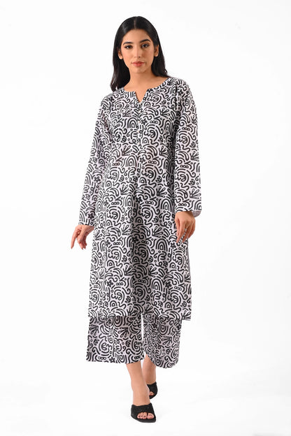 Front view of a black and white printed two-piece women's dress featuring intricate abstract patterns, styled with full sleeves and a V-neckline. BOLDSTEP BOLDTSEP.PK