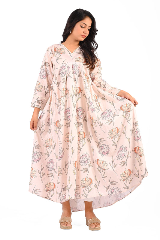 A pastel pink long floral dress with a flowing silhouette. The dress features an elegant V-neckline adorned with delicate lace details and full-length sleeves with similar lace accents. BOLDSTEP BOLDSTEP.PK