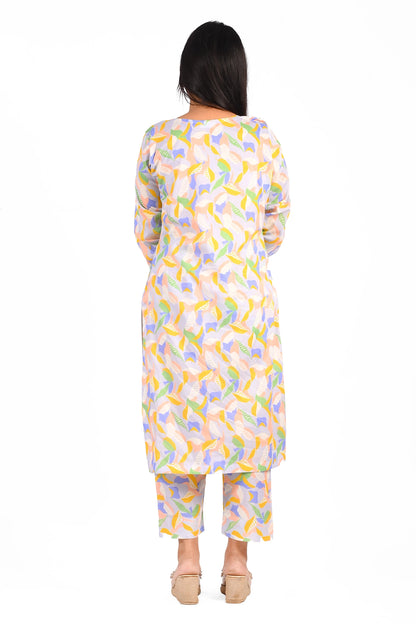 A back view of a pastel-colored floral leaf patterned dress. The matching trousers create a cohesive and elegant look. The outfit is ideal for casual outings, offering both style and comfort BOLDSTEP BOLDSTEP.PK
