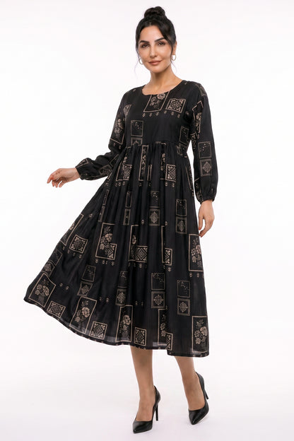 Black Geometric Tile Swiss Bana Dora Maxi Dress