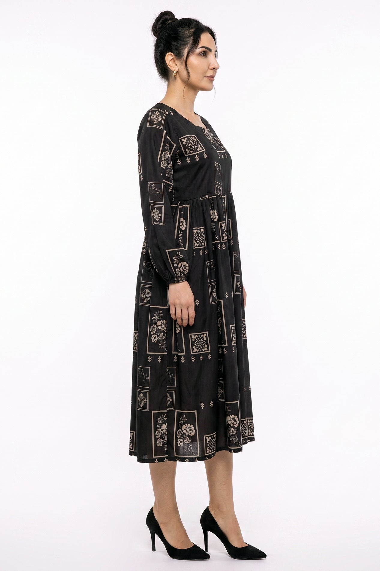 Black Geometric Tile Swiss Bana Dora Maxi Dress