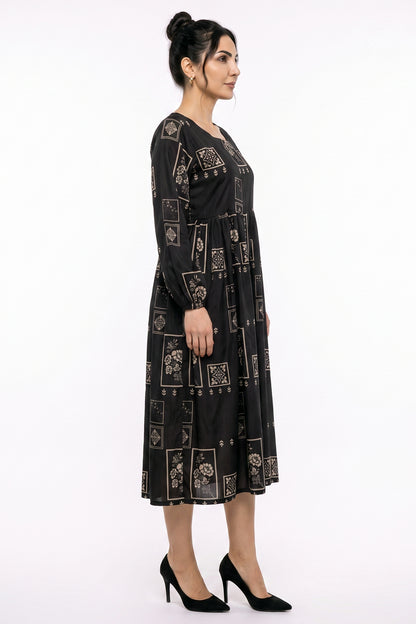 Black Geometric Tile Swiss Bana Dora Maxi Dress