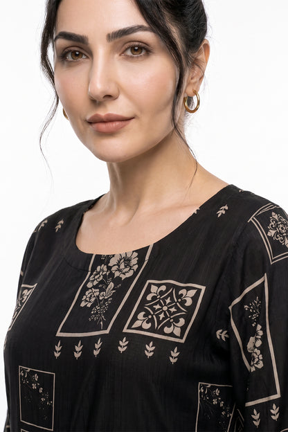 Black Geometric Tile Swiss Bana Dora Maxi Dress