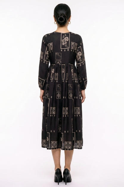 Black Geometric Tile Swiss Bana Dora Maxi Dress