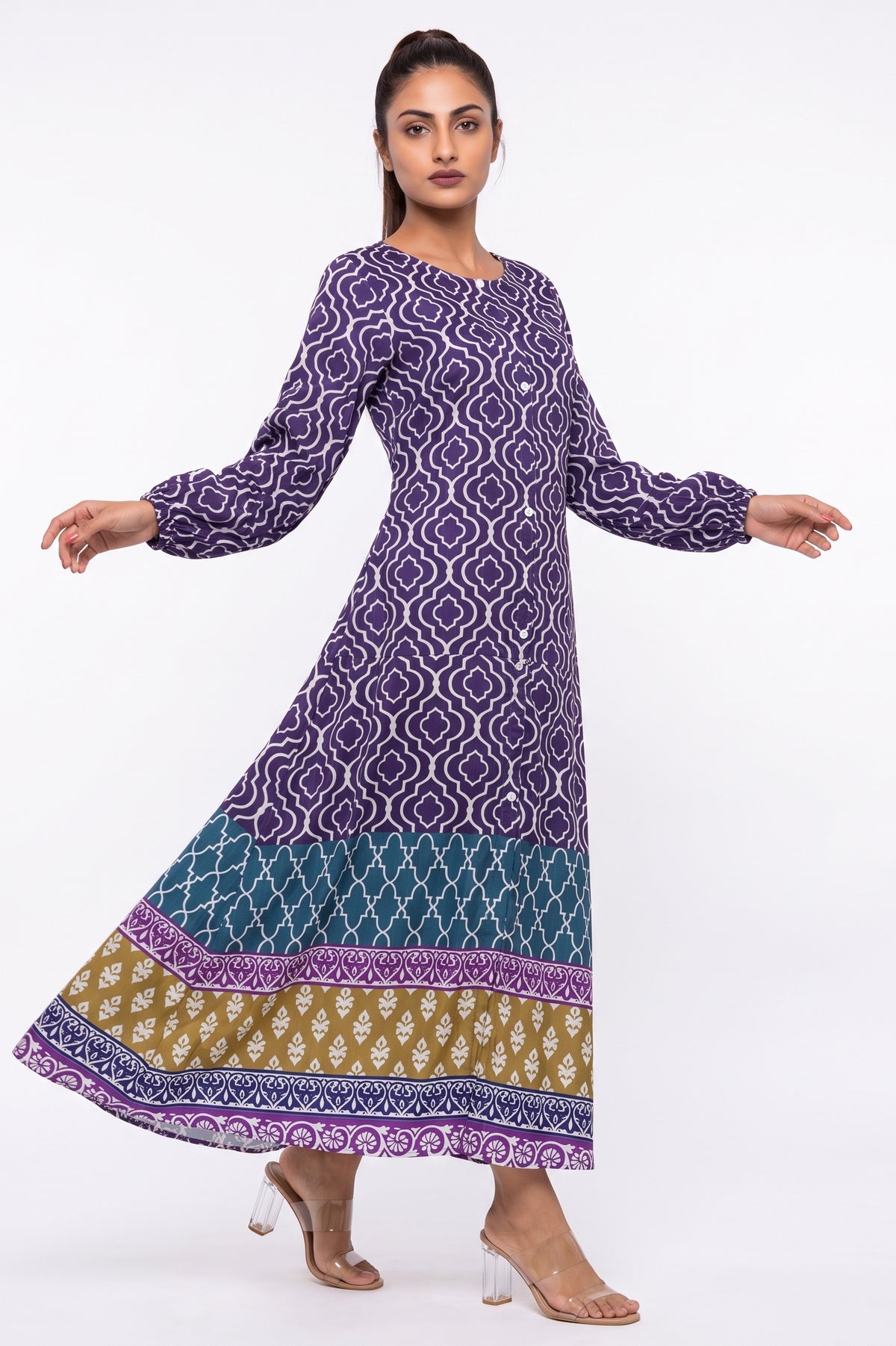 Front full-length view of BOLDSTEP Purple Geometric Trellis Swiss Bana Dora Maxi Dress.