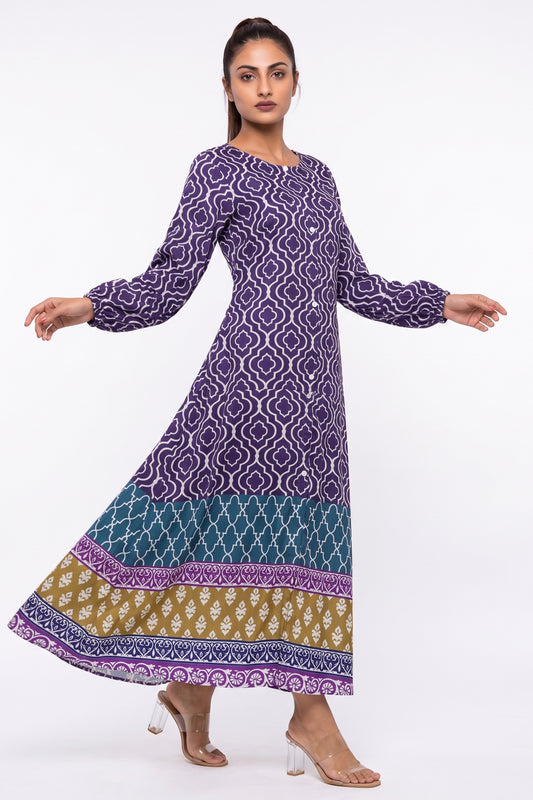 Front full-length view of BOLDSTEP Purple Geometric Trellis Swiss Bana Dora Maxi Dress.