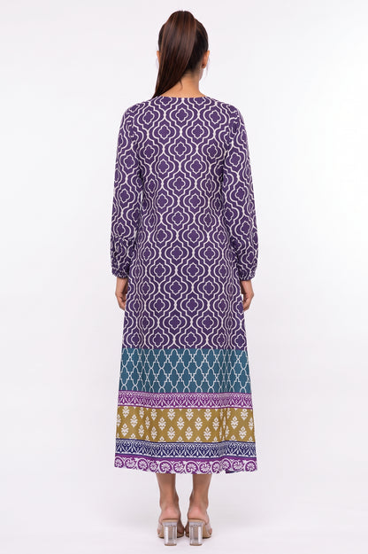 Back full-length view of BOLDSTEP purple geometric trellis printed Swiss Bana Dora long dress.