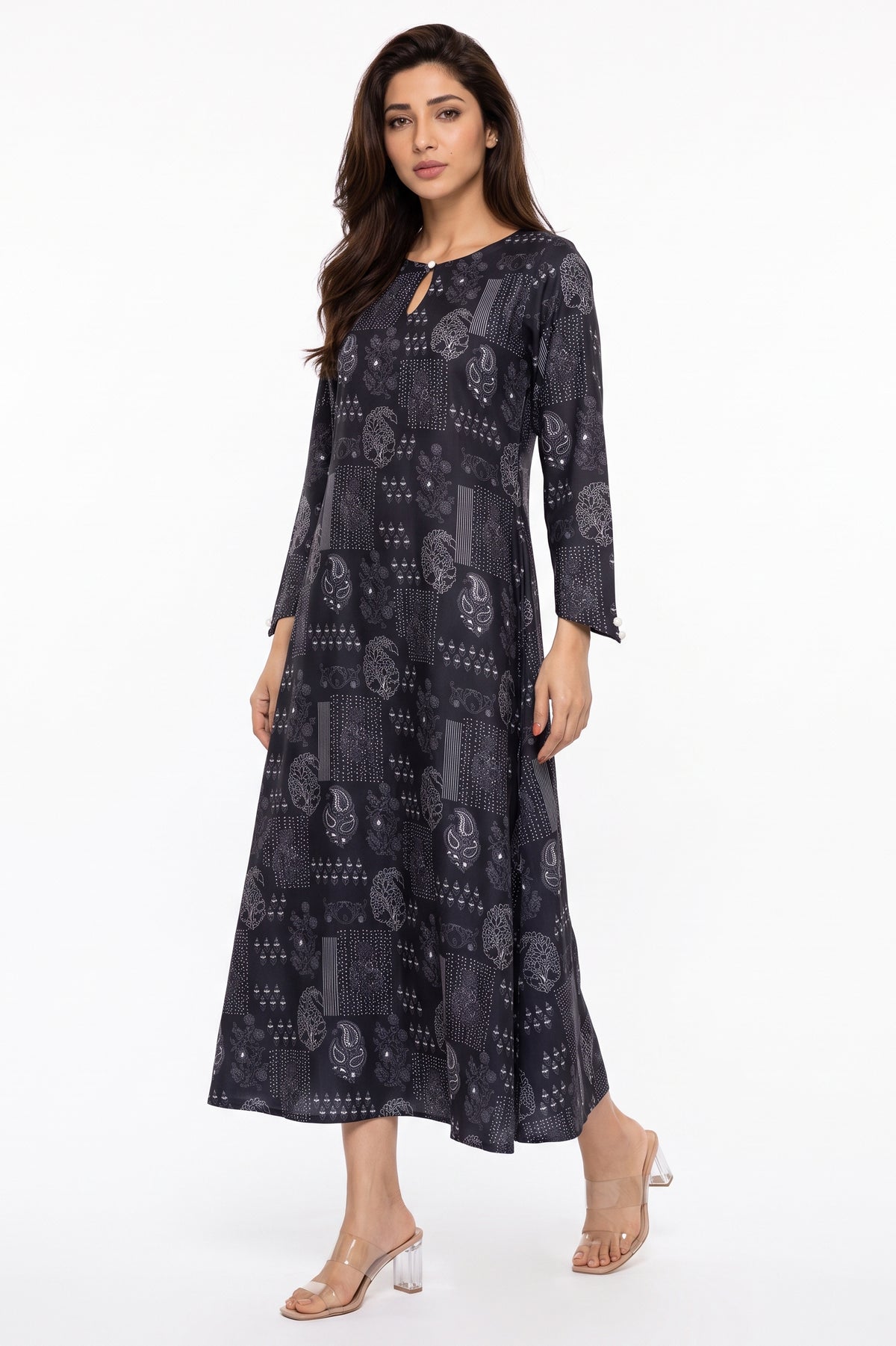 Front view of BOLDSTEP Navy Block Print Paisley Swiss Bana Dora Maxi Dress.