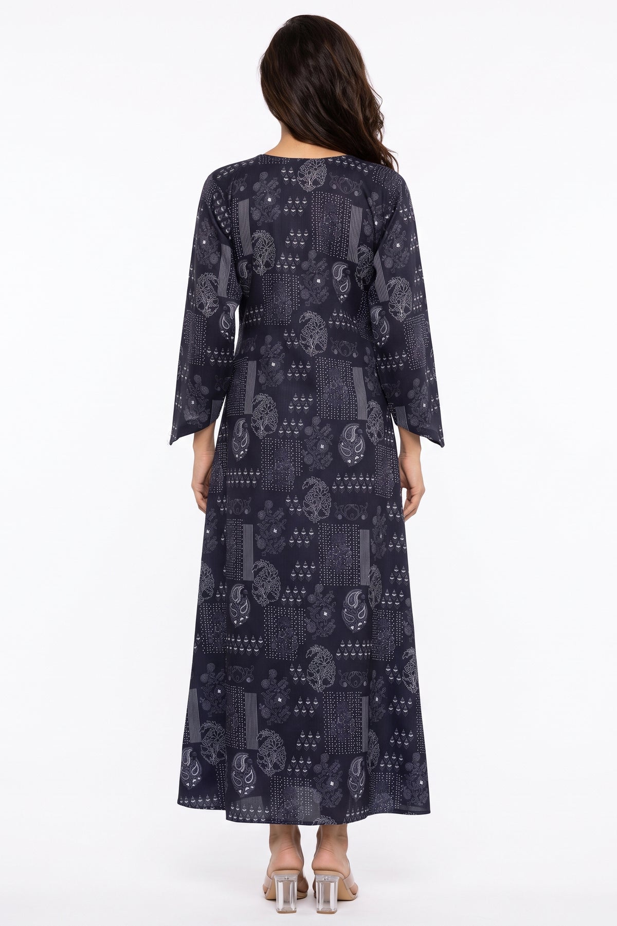 Back full-length view of BOLDSTEP navy blue block print paisley Swiss Bana Dora long dress.