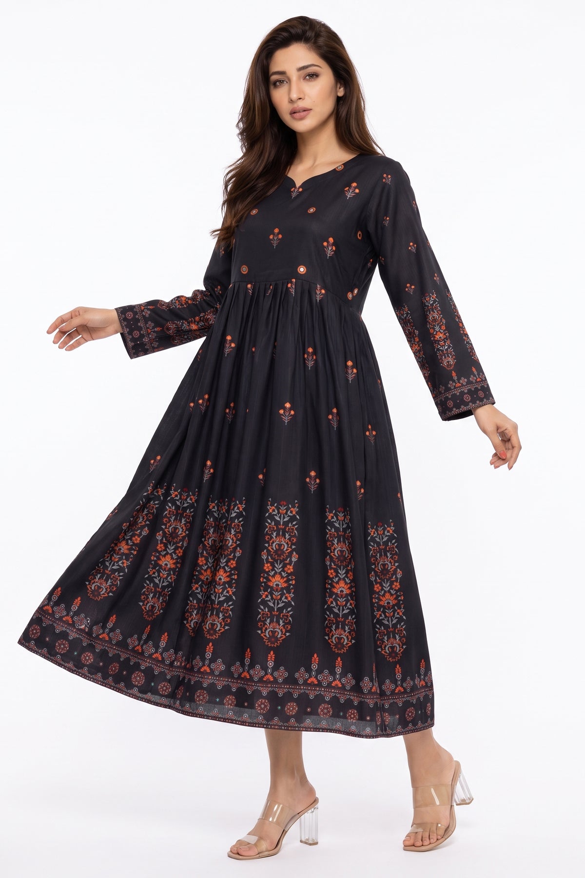 Charcoal Black Rust Floral Motif Swiss Bana Dora Maxi Dress