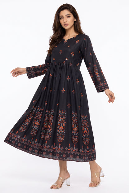 Charcoal Black Rust Floral Motif Swiss Bana Dora Maxi Dress