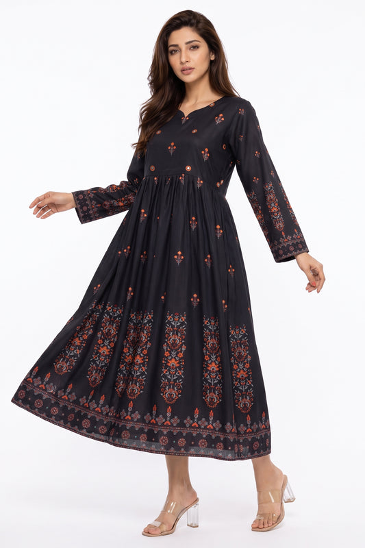 Charcoal Black Rust Floral Motif Swiss Bana Dora Maxi Dress