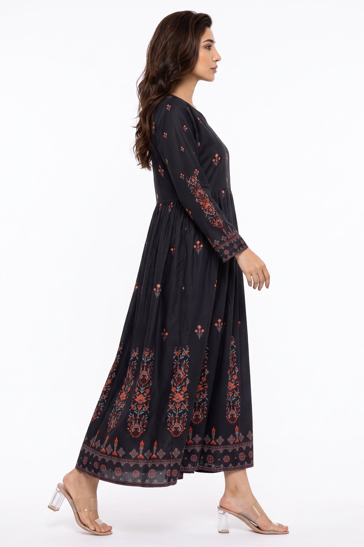 Charcoal Black Rust Floral Motif Swiss Bana Dora Maxi Dress
