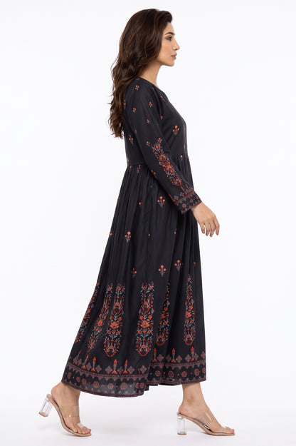Charcoal Black Rust Floral Motif Swiss Bana Dora Maxi Dress