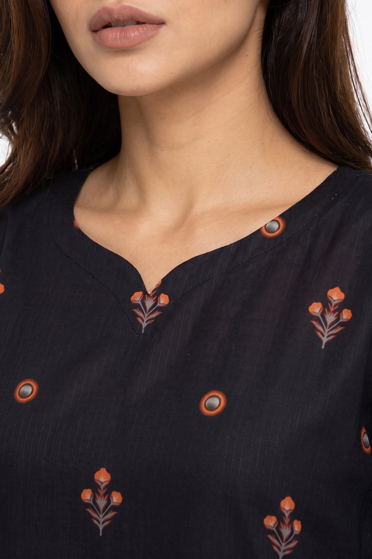 Charcoal Black Rust Floral Motif Swiss Bana Dora Maxi Dress