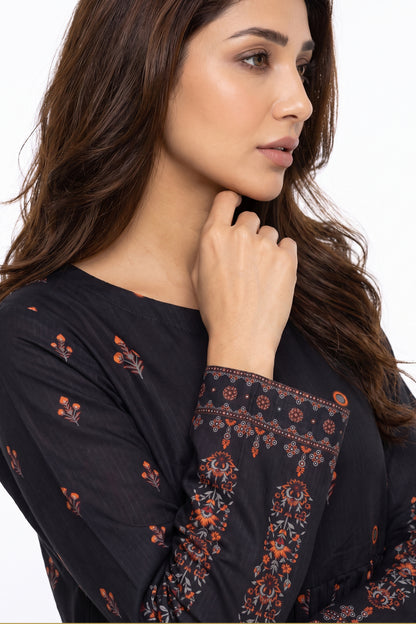Charcoal Black Rust Floral Motif Swiss Bana Dora Maxi Dress