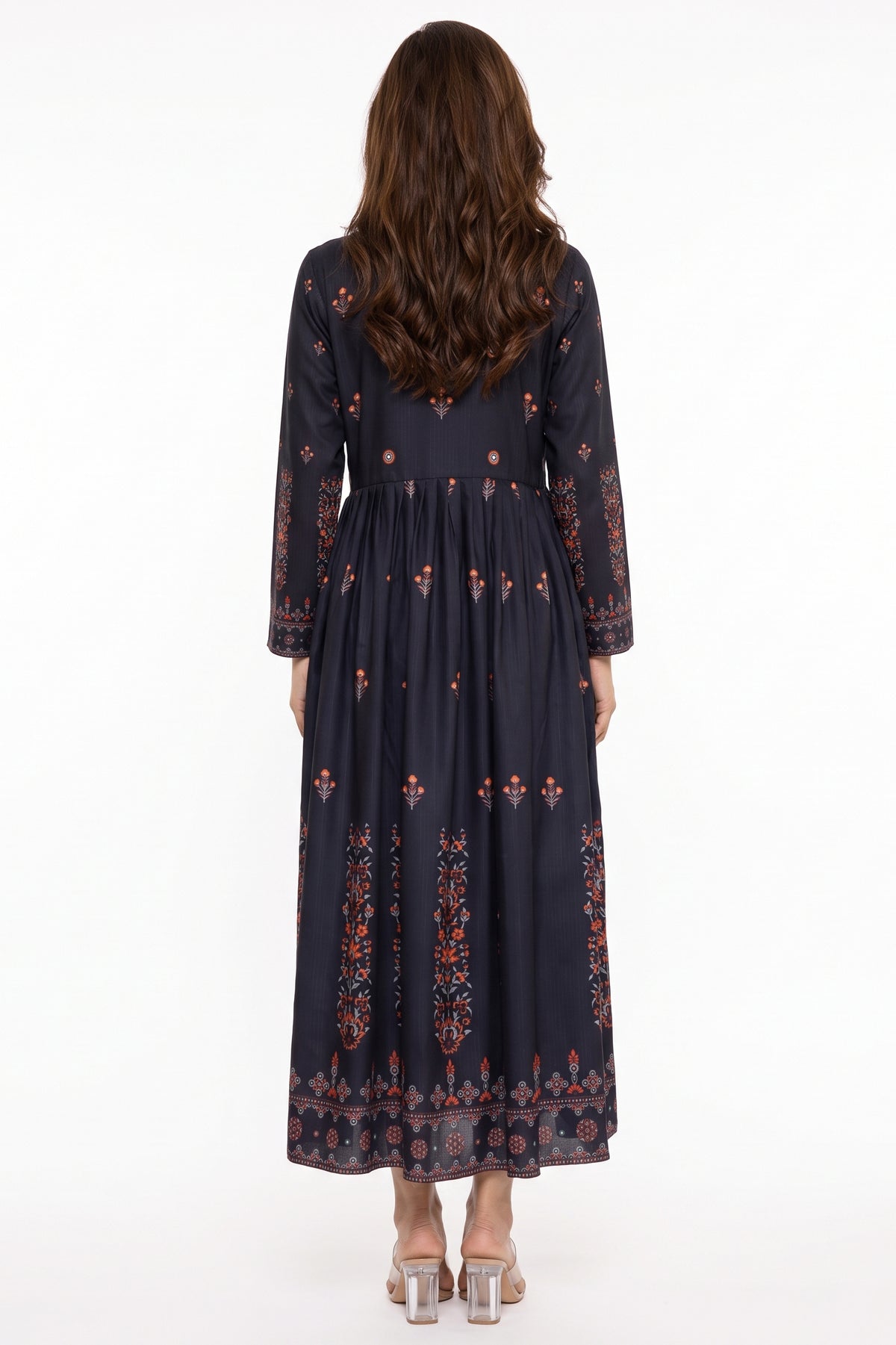 Charcoal Black Rust Floral Motif Swiss Bana Dora Maxi Dress