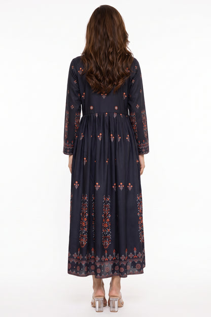 Charcoal Black Rust Floral Motif Swiss Bana Dora Maxi Dress