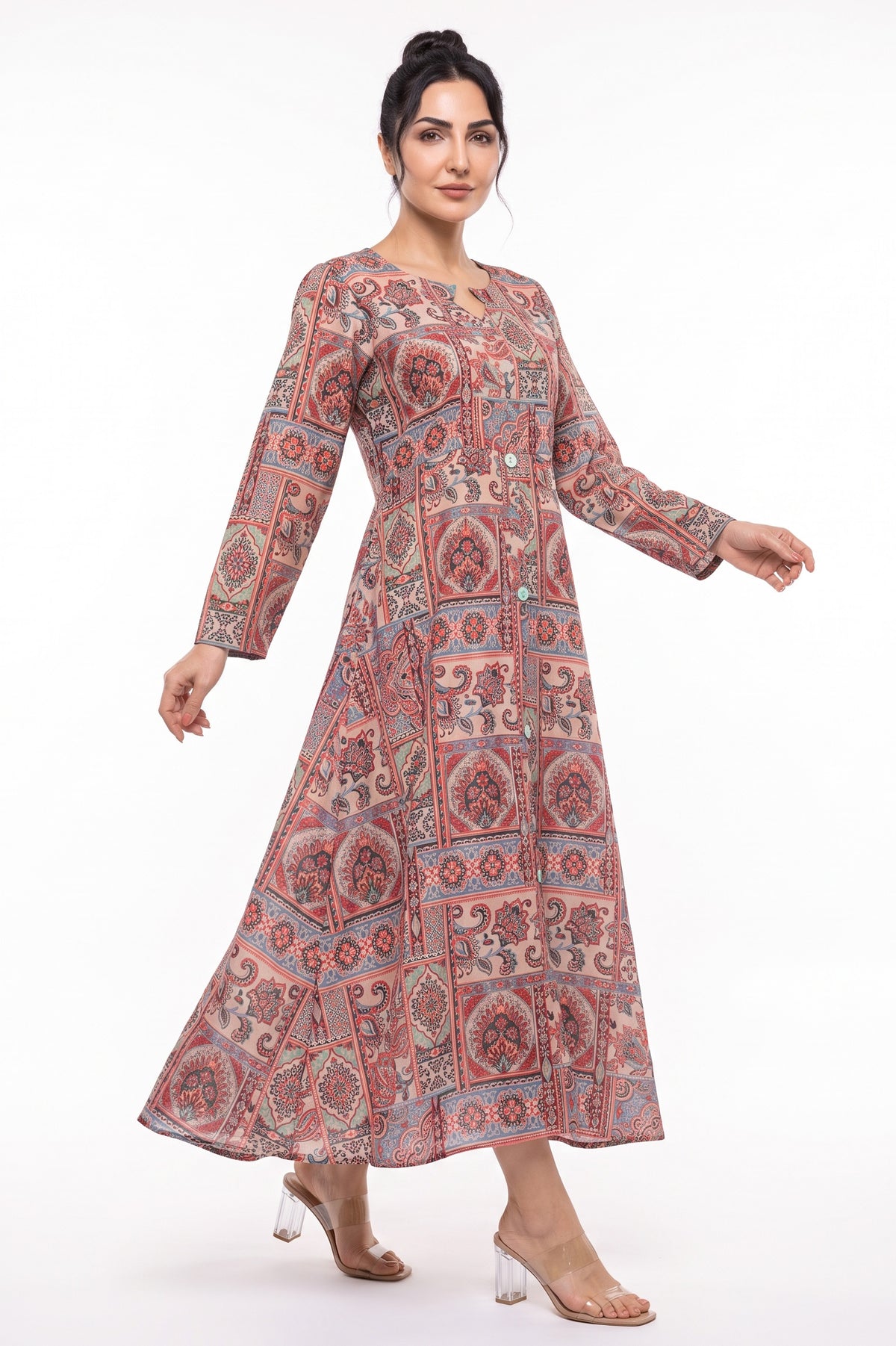 Front full-length view of BOLDSTEP Beige Mosaic Tile Paisley Swiss Bana Dora Maxi Dress.