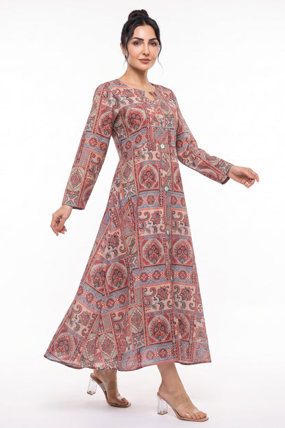Front full-length view of BOLDSTEP Beige Mosaic Tile Paisley Swiss Bana Dora Maxi Dress.