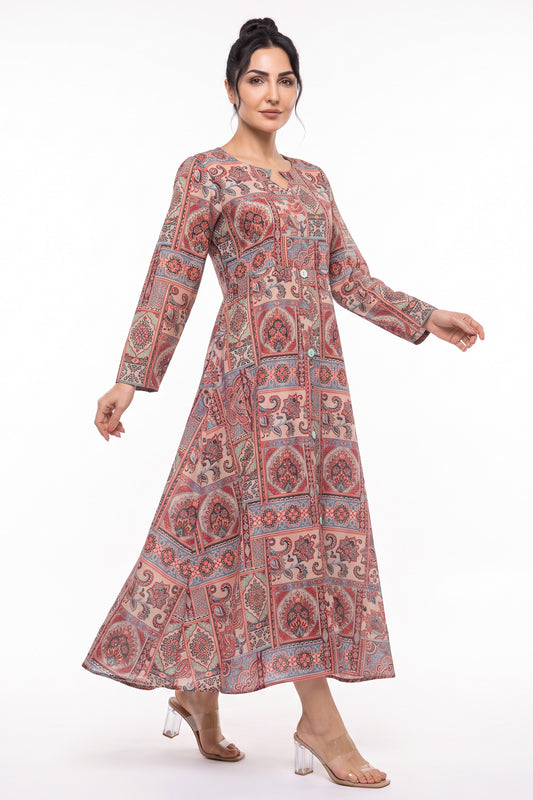 Front full-length view of BOLDSTEP Beige Mosaic Tile Paisley Swiss Bana Dora Maxi Dress.