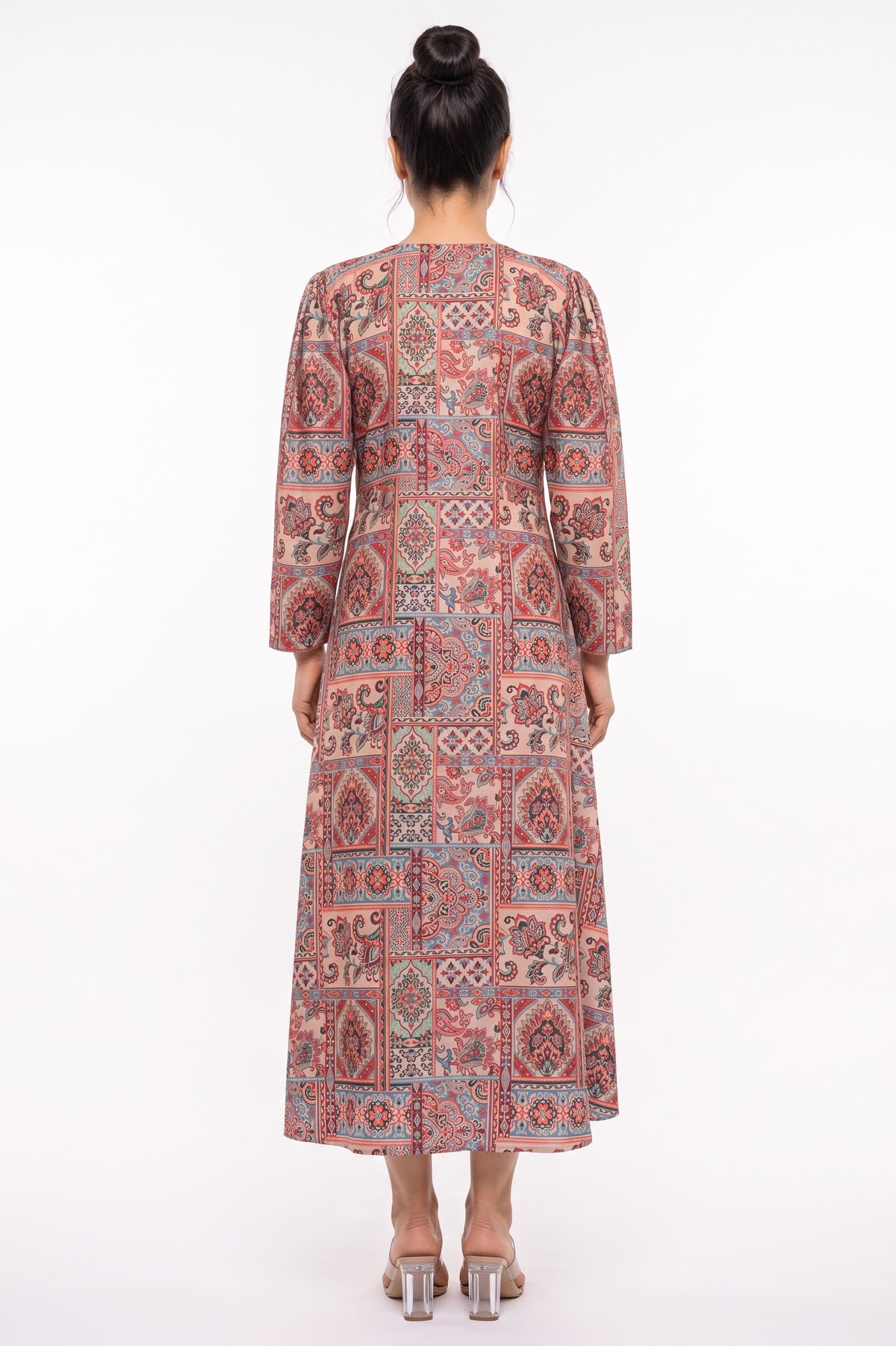 Back view of BOLDSTEP beige mosaic tile printed Swiss Bana Dora long dress.