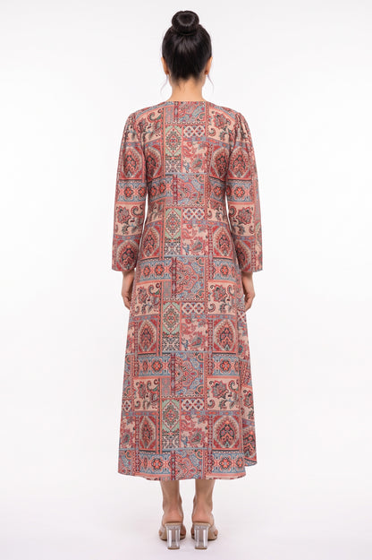 Back view of BOLDSTEP beige mosaic tile printed Swiss Bana Dora long dress.