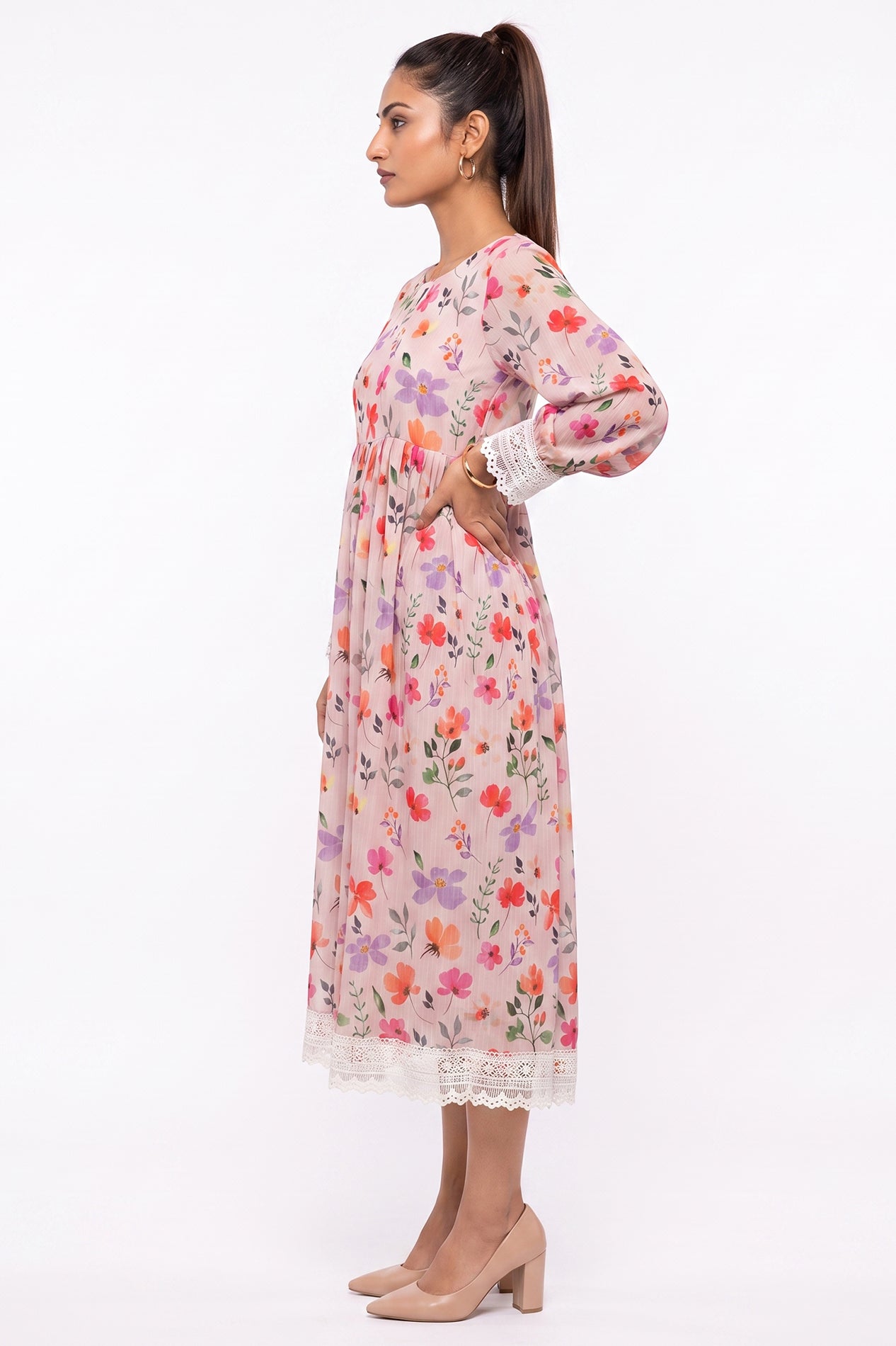 Dusty Pink Lace Floral Swiss Bana Dora Maxi Dress