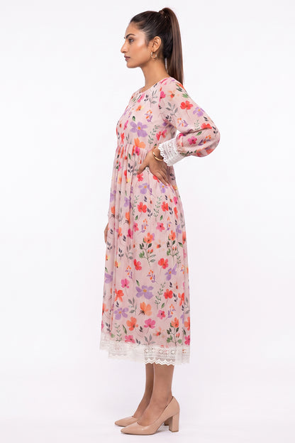 Dusty Pink Lace Floral Swiss Bana Dora Maxi Dress