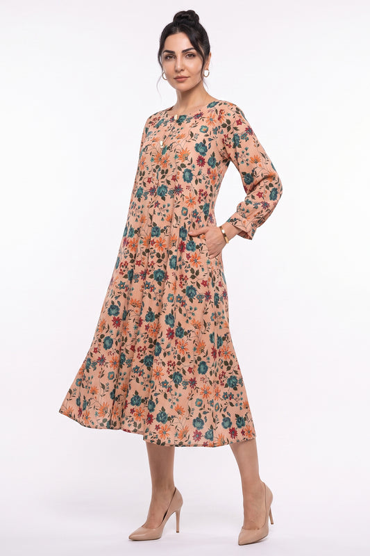 Peach Floral Button Swiss Bana Dora Maxi Dress