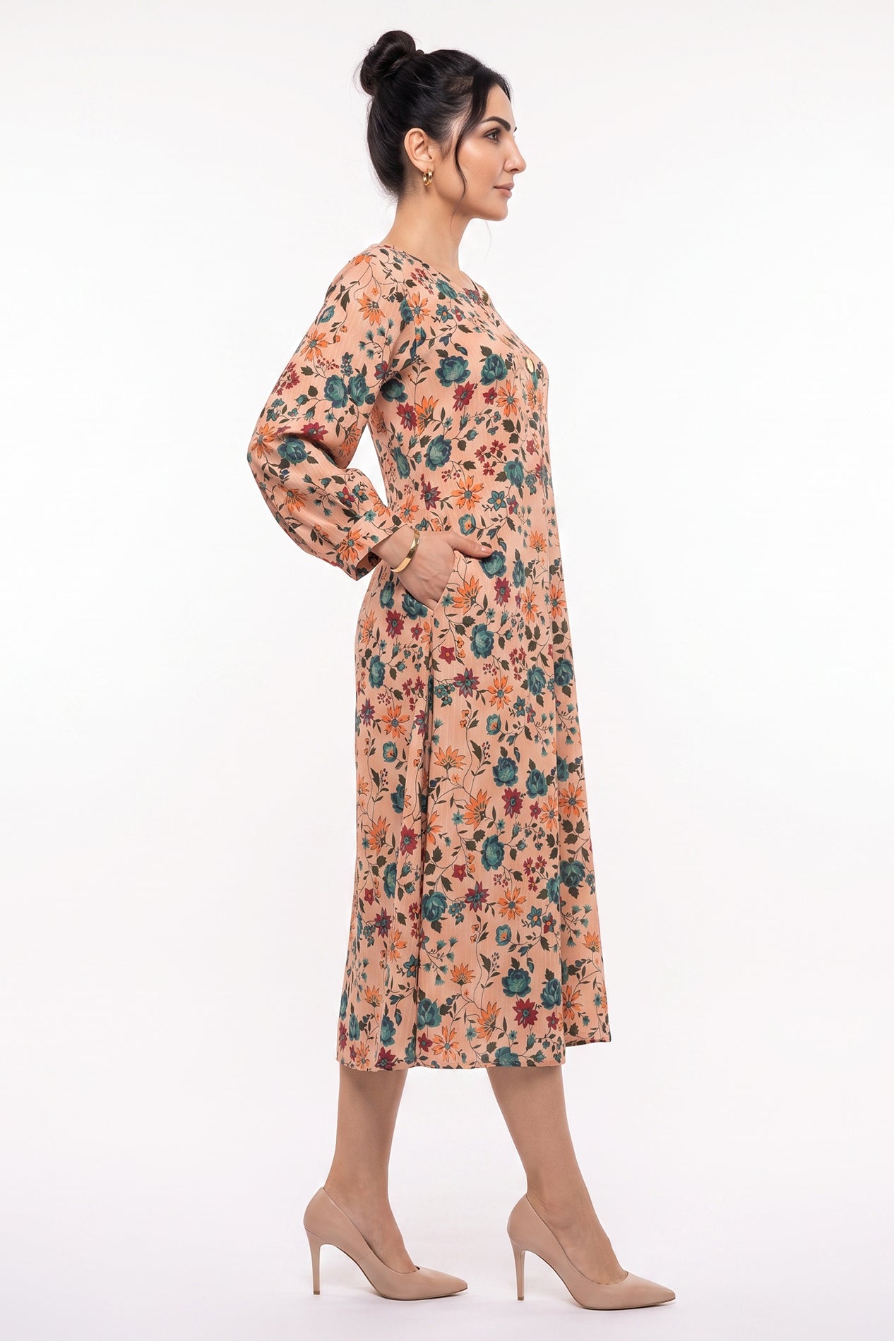 Peach Floral Button Swiss Bana Dora Maxi Dress