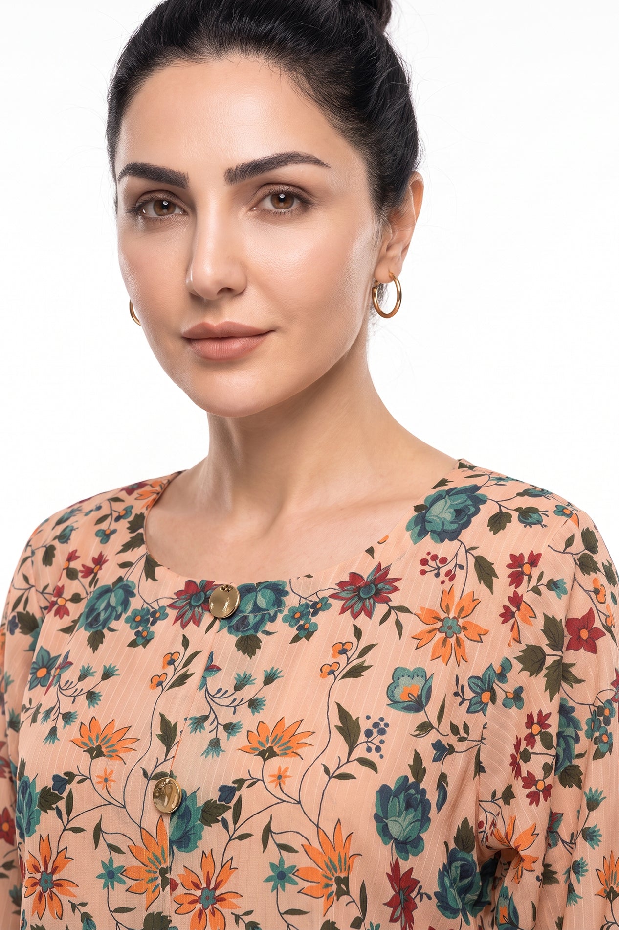 Peach Floral Button Swiss Bana Dora Maxi Dress