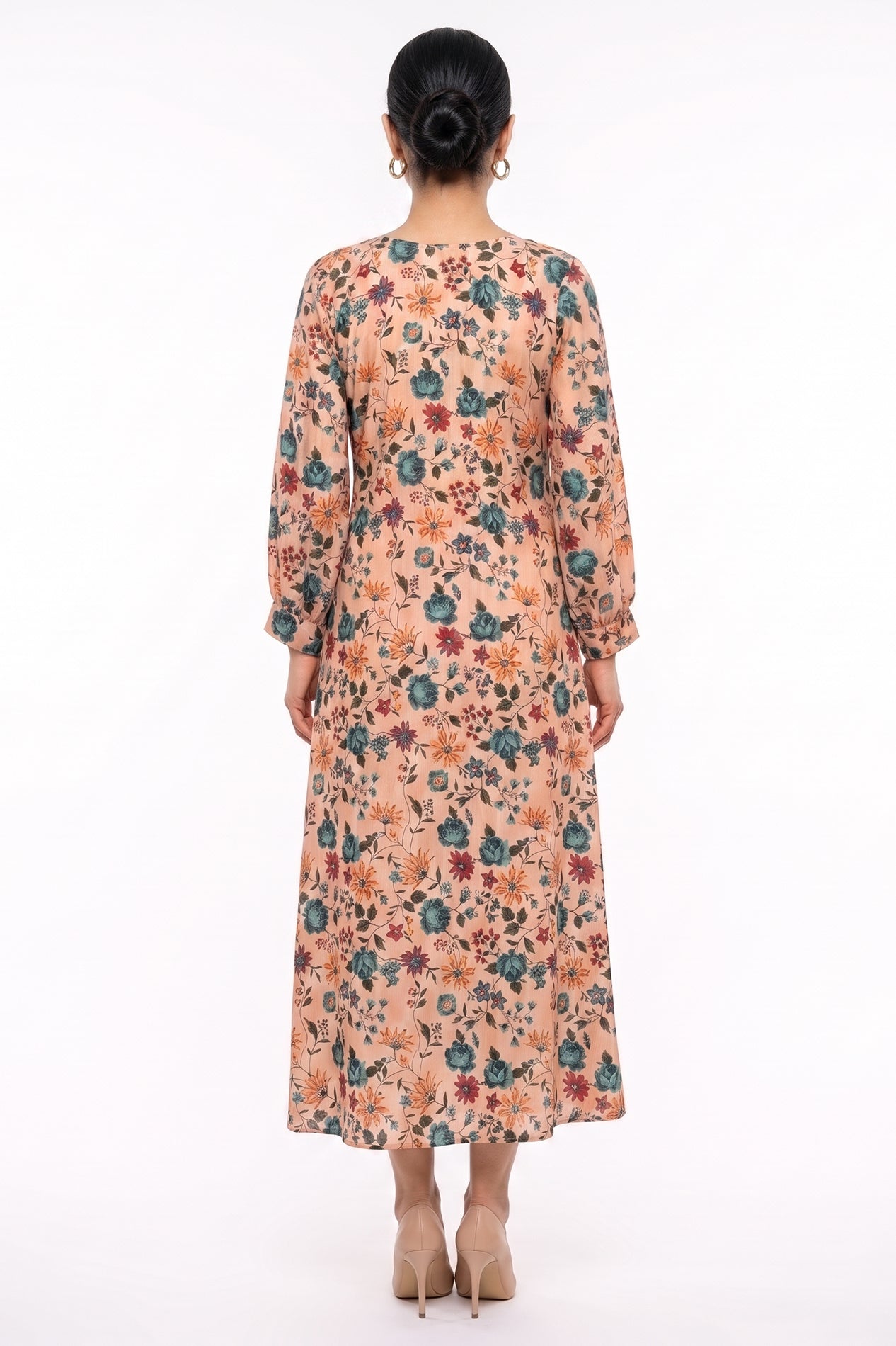 Peach Floral Button Swiss Bana Dora Maxi Dress