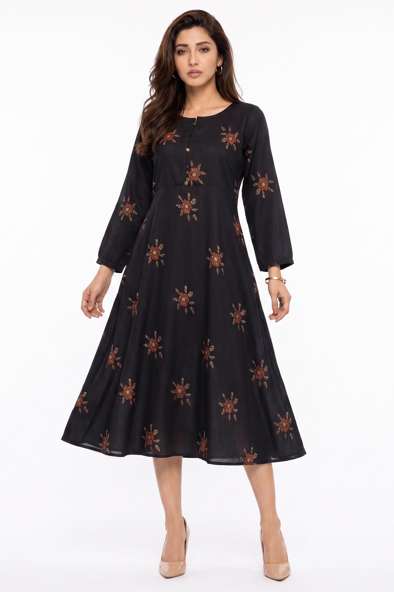 Black Rust Floral Swiss Bana Dora Maxi Dress