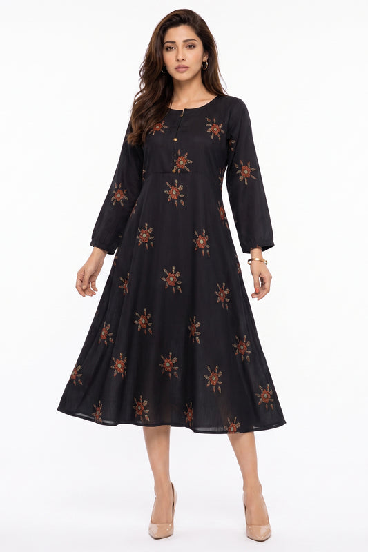 Black Rust Floral Swiss Bana Dora Maxi Dress