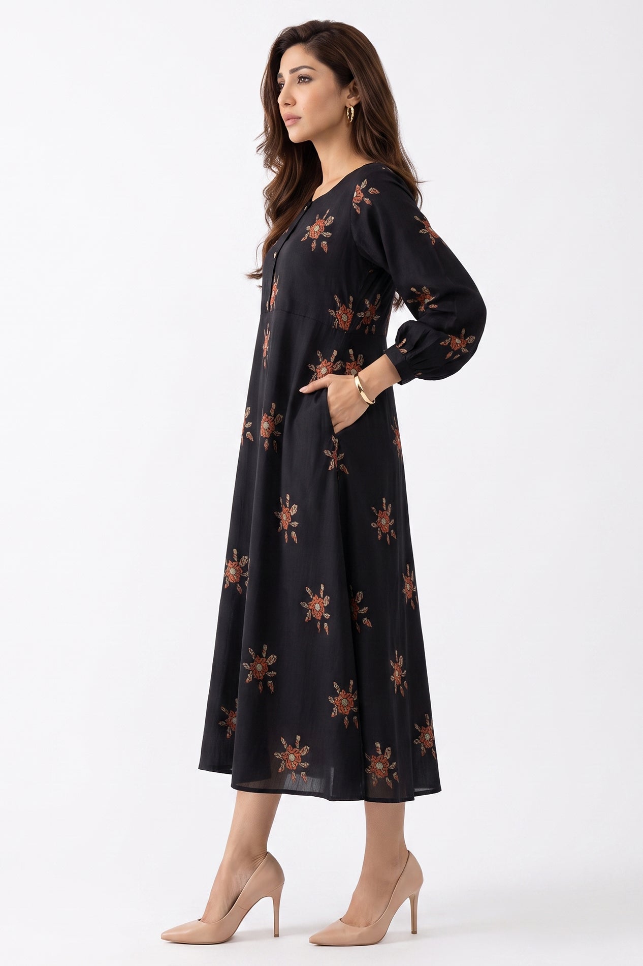 Black Rust Floral Swiss Bana Dora Maxi Dress